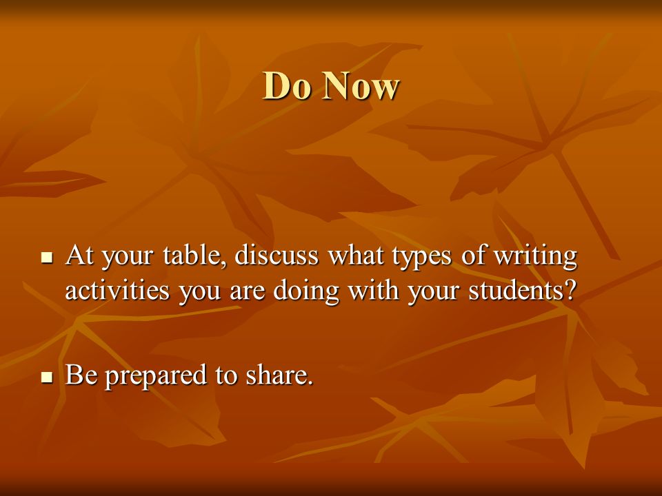Do Now At your table, discuss what types of writing activities you are doing with your students.