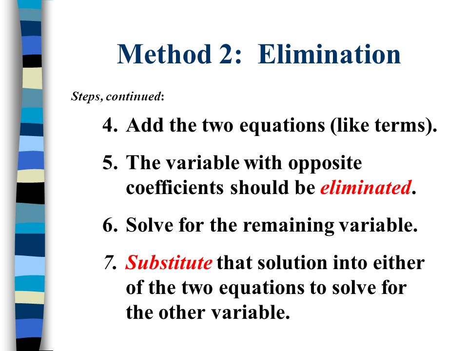 Method 2: Elimination Add the two equations (like terms).