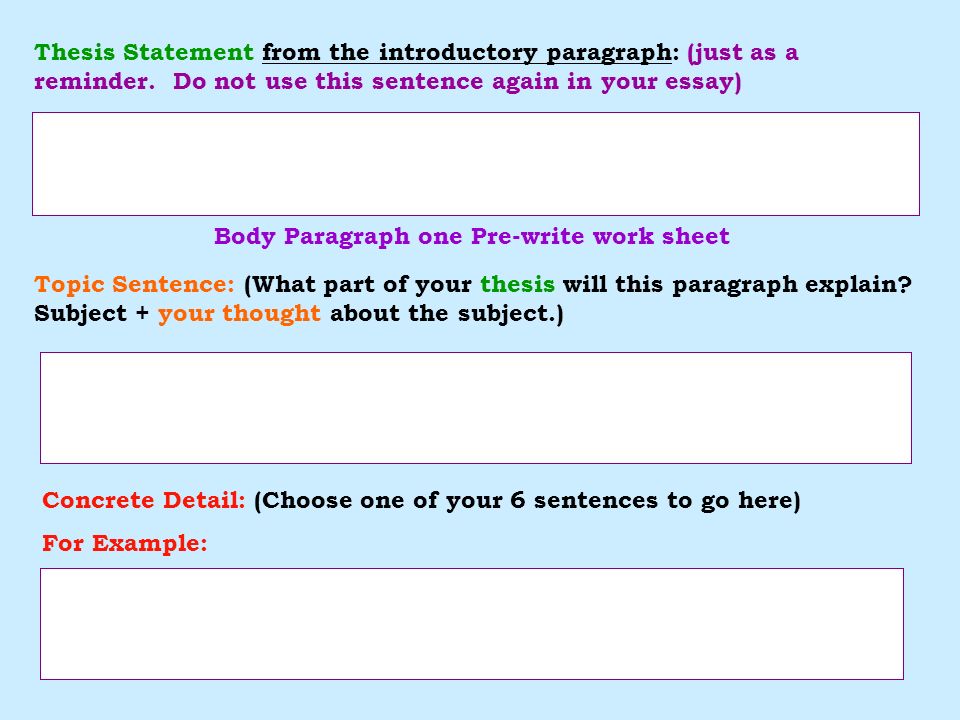 Body Paragraph one Pre-write work sheet