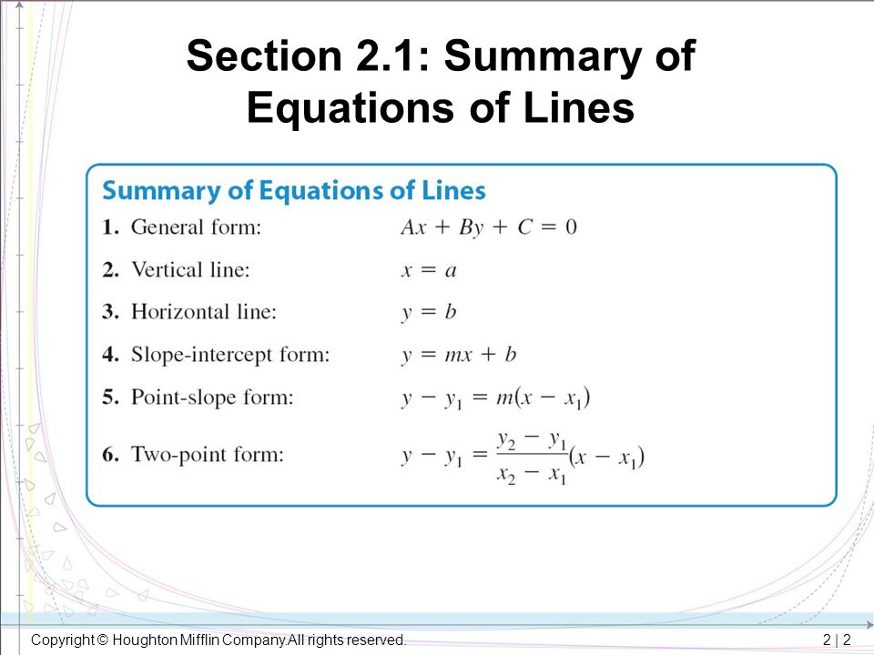Section 2.1: Summary of Equations of Lines
