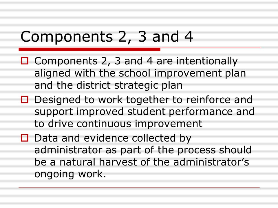 Components 2, 3 and 4 Components 2, 3 and 4 are intentionally aligned with the school improvement plan and the district strategic plan.