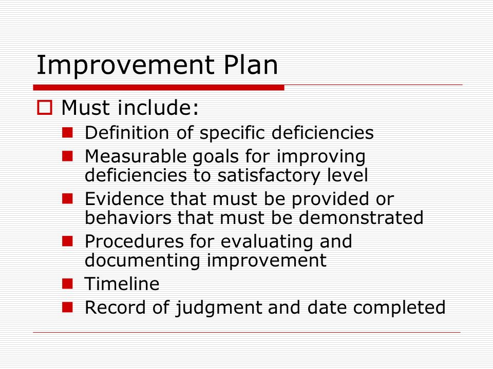 Improvement Plan Must include: Definition of specific deficiencies