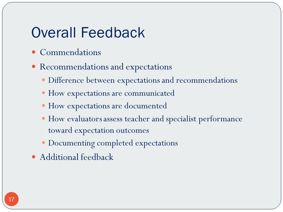 Overall Feedback Commendations Recommendations and expectations