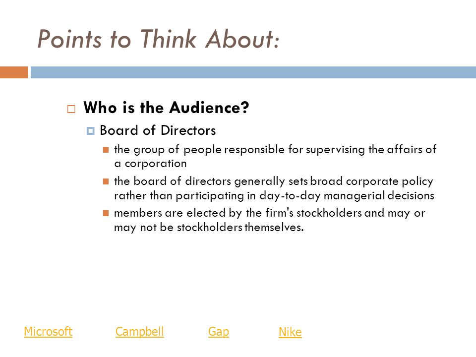 Points to Think About: Who is the Audience Board of Directors