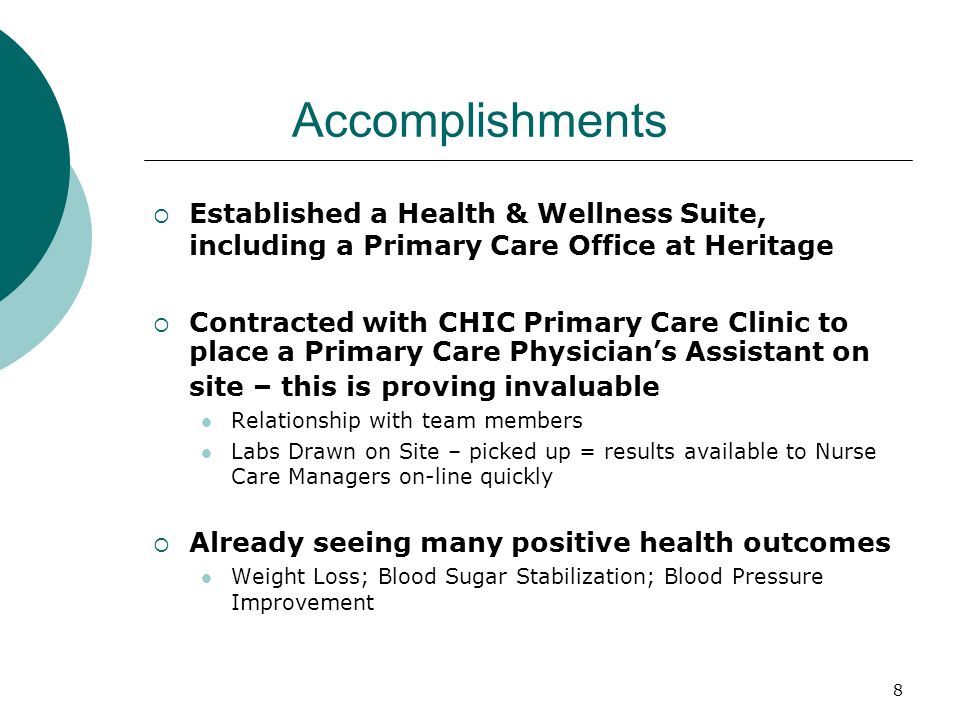 Accomplishments Established a Health & Wellness Suite, including a Primary Care Office at Heritage.