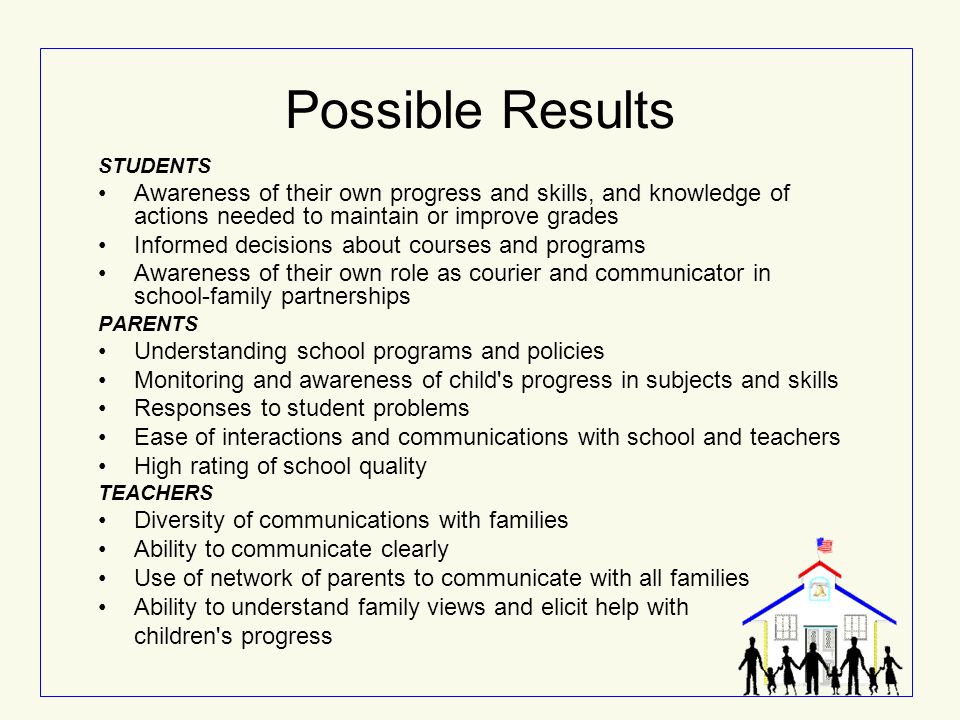 Possible Results STUDENTS. Awareness of their own progress and skills, and knowledge of actions needed to maintain or improve grades.