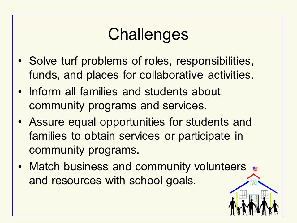 Challenges Solve turf problems of roles, responsibilities, funds, and places for collaborative activities.