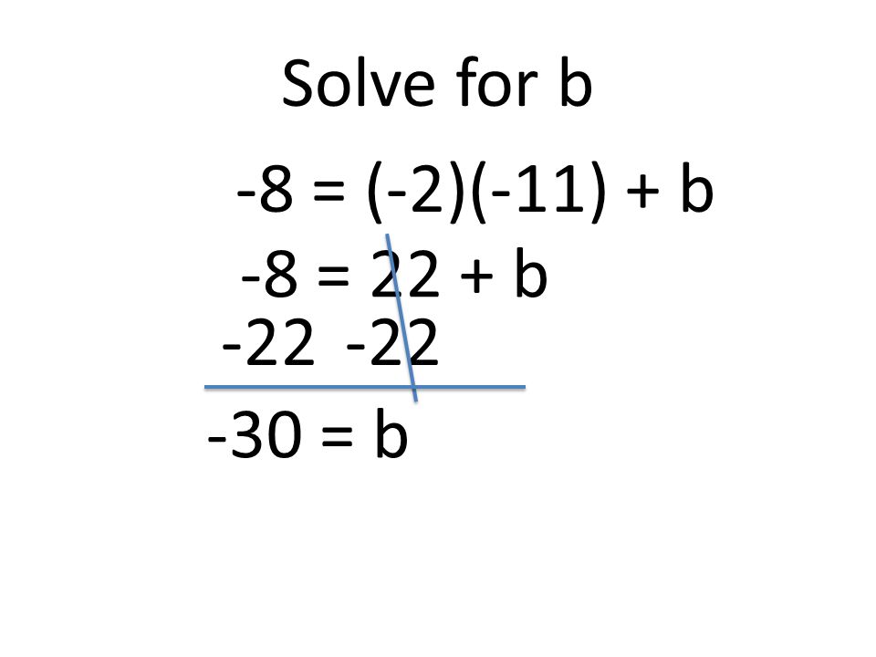 Solve for b -8 = (-2)(-11) + b -8 = 22 + b = b
