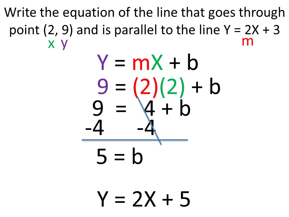 Y = mX + b 9 = (2)(2) + b 9 = 4 + b = b Y = 2X + 5 m x y