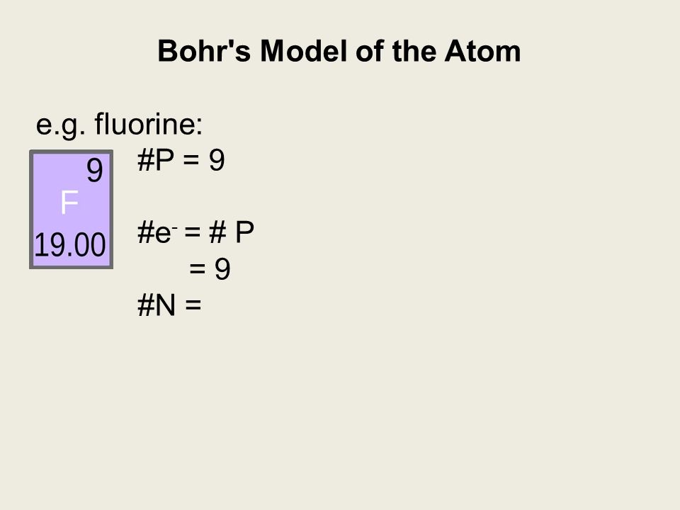 Bohr s Model of the Atom e.g. fluorine: #P = 9 #e- = # P = 9 #N =