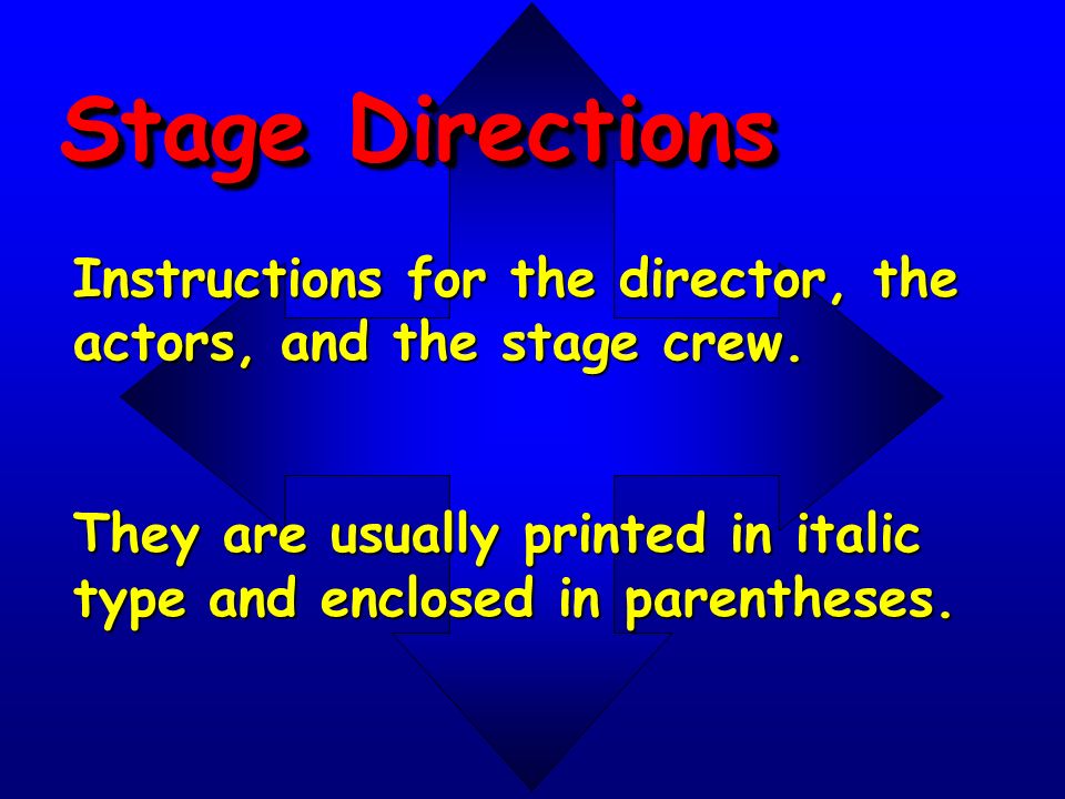 Stage Directions Instructions for the director, the actors, and the stage crew.