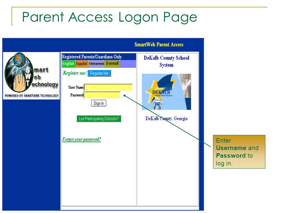 Parent Access Logon Page