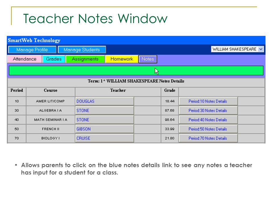 Teacher Notes Window