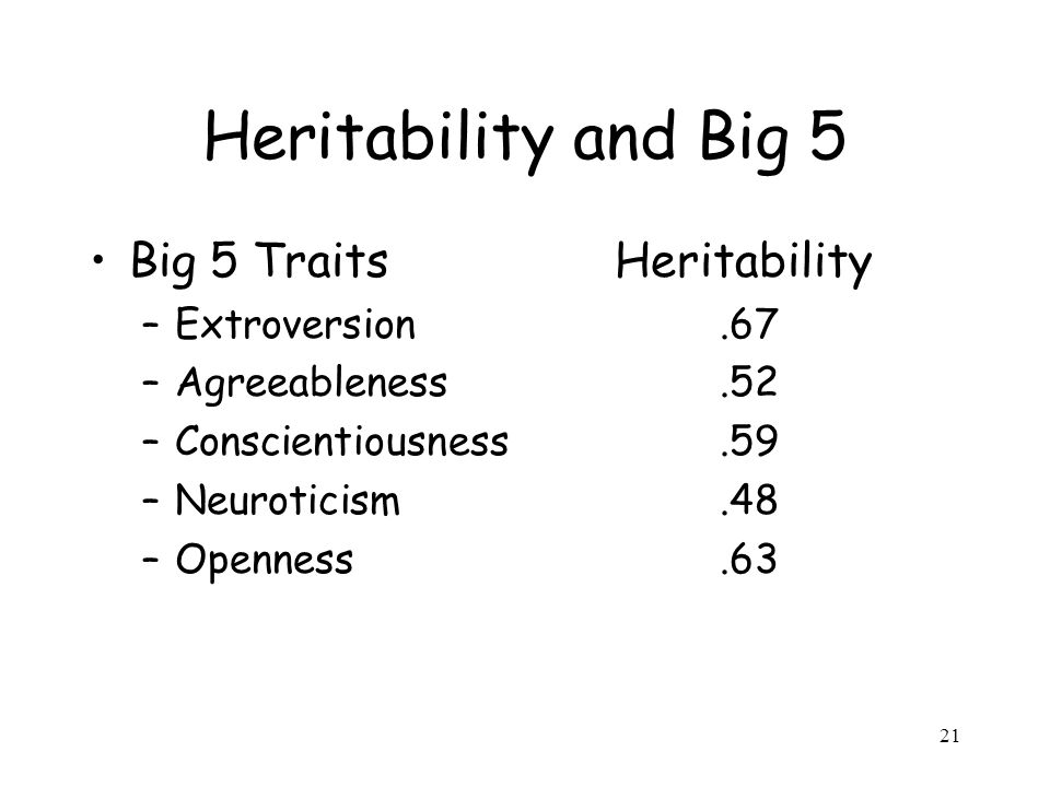 Heritability and Big 5 Big 5 Traits Heritability Extroversion .67