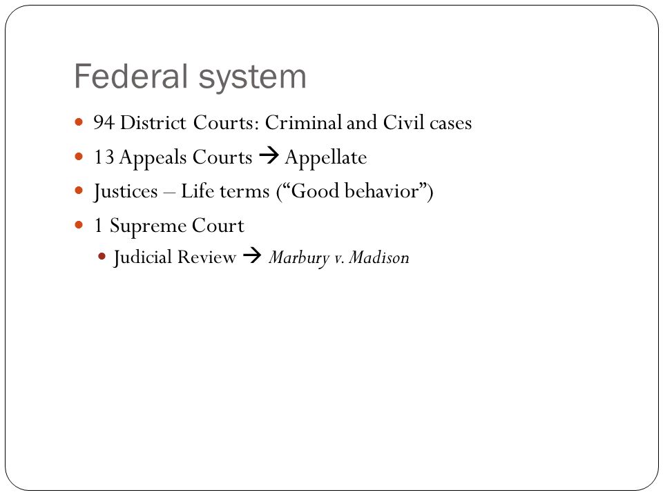 Federal system 94 District Courts: Criminal and Civil cases