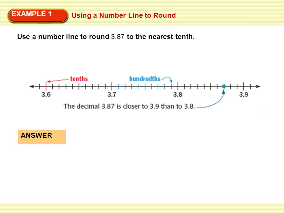 EXAMPLE 1 Using a Number Line to Round Use a number line to round 3.87 to the nearest tenth. ANSWER