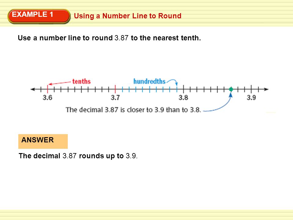 EXAMPLE 1 Using a Number Line to Round. Use a number line to round 3.87 to the nearest tenth. ANSWER.