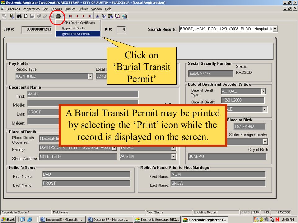 Click on ‘Burial Transit Permit’