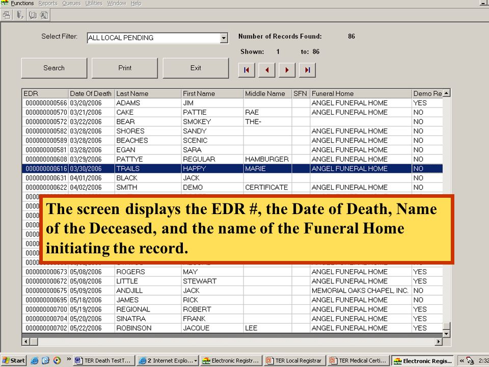 The screen displays the EDR #, the Date of Death, Name of the Deceased, and the name of the Funeral Home initiating the record.