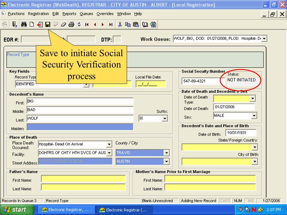 Save to initiate Social Security Verification process