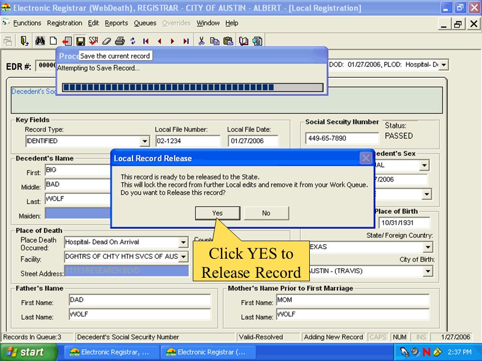 Click YES to Release Record