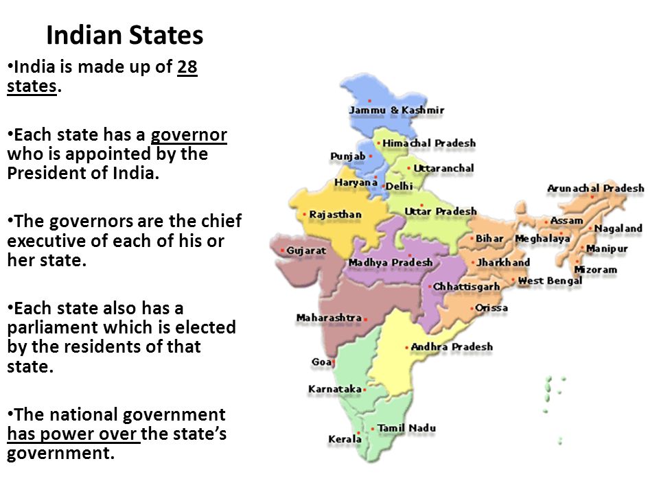 Indian States India is made up of 28 states.