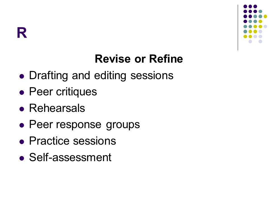 R Revise or Refine Drafting and editing sessions Peer critiques