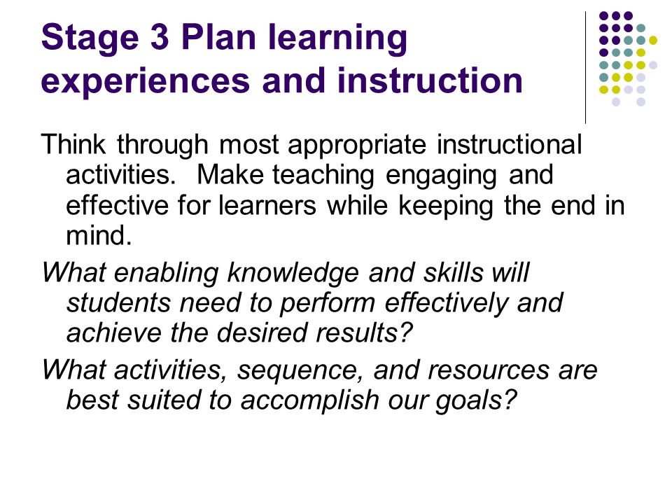 Stage 3 Plan learning experiences and instruction