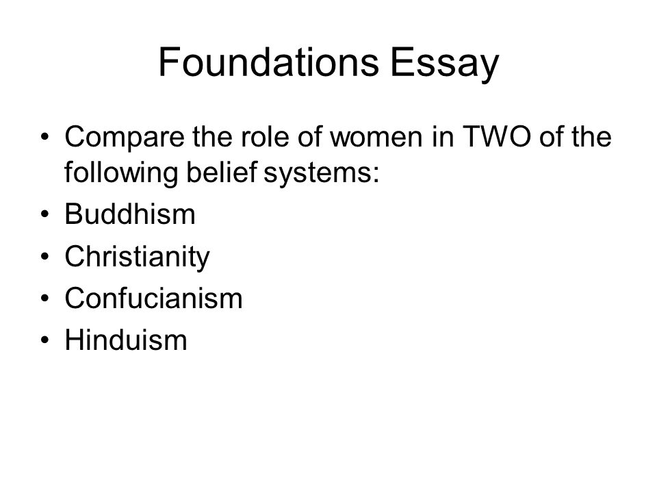 Foundations Essay Compare the role of women in TWO of the following belief systems: Buddhism. Christianity.