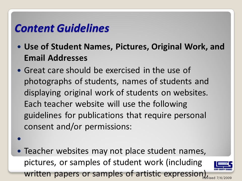Content Guidelines Use of Student Names, Pictures, Original Work, and  Addresses.