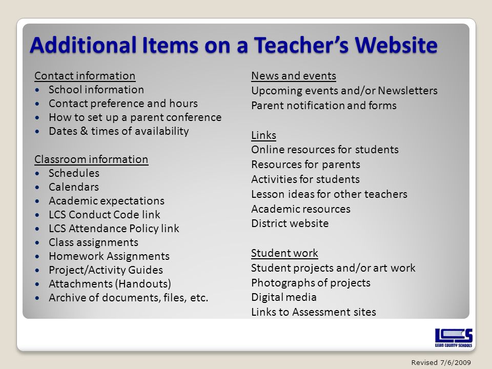 Additional Items on a Teacher’s Website