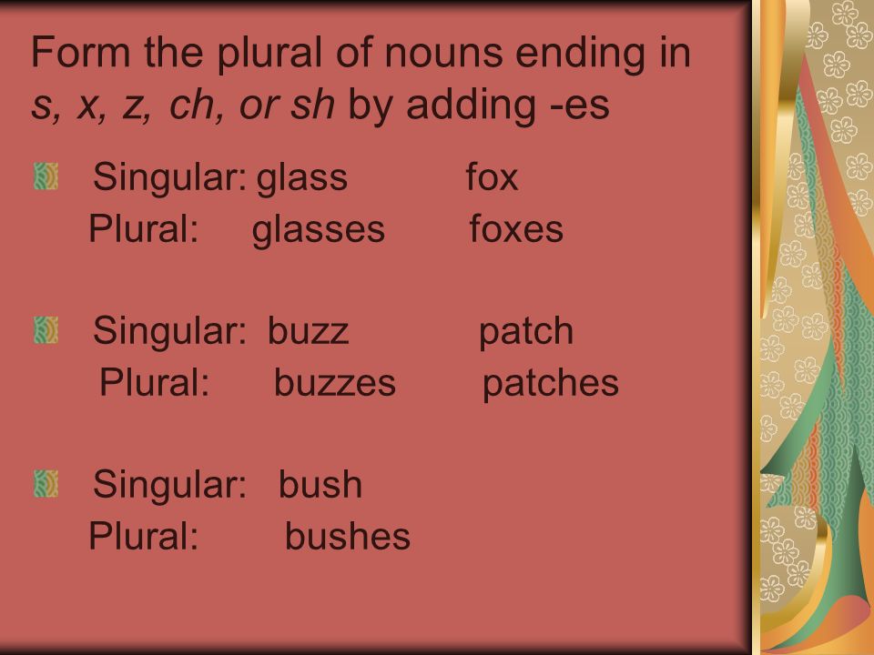 Form the plural of nouns ending in s, x, z, ch, or sh by adding -es