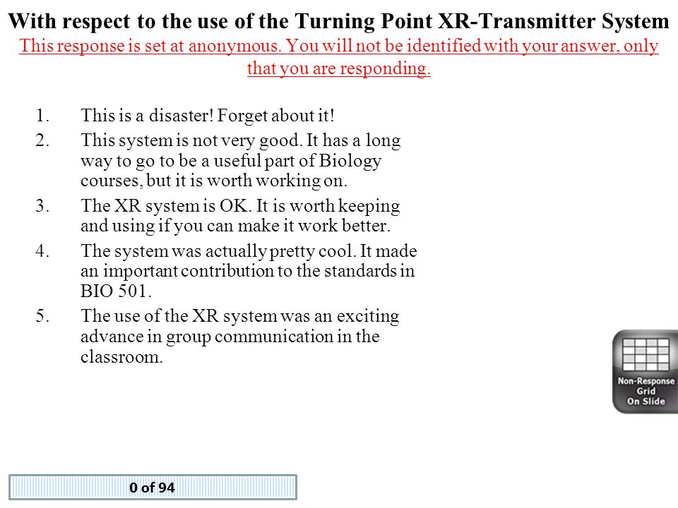 With respect to the use of the Turning Point XR-Transmitter System This response is set at anonymous. You will not be identified with your answer, only that you are responding.