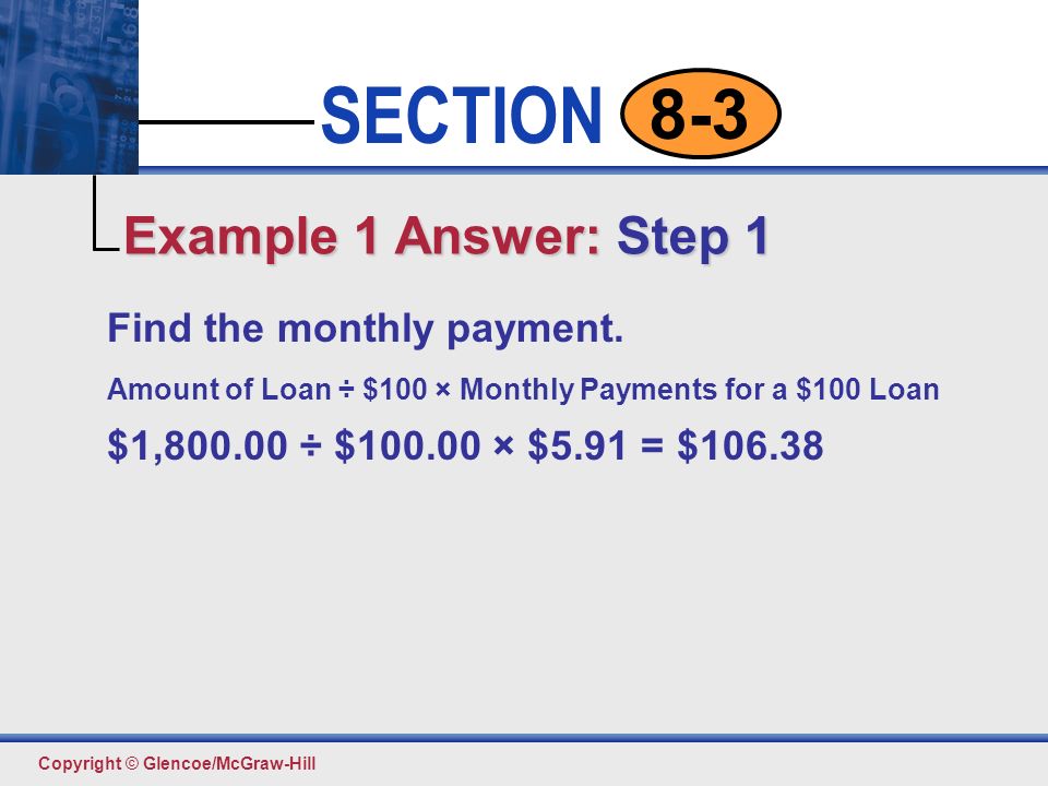 Example 1 Answer: Step 1 Find the monthly payment.