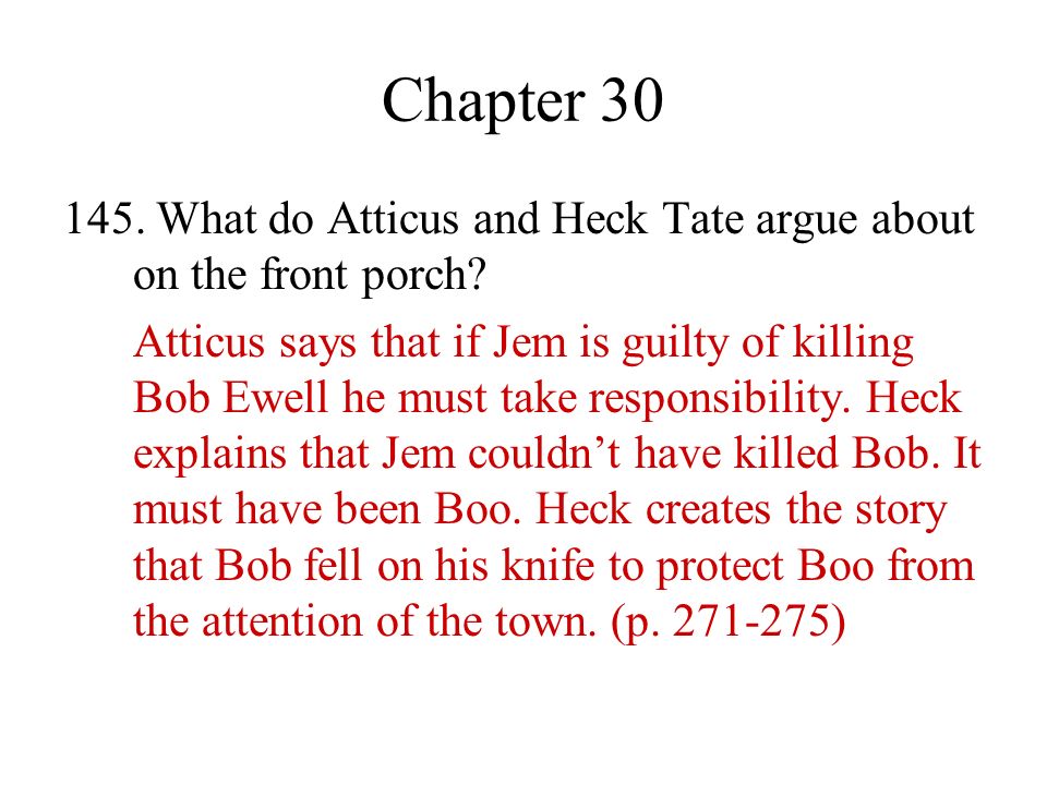 Chapter What do Atticus and Heck Tate argue about on the front porch