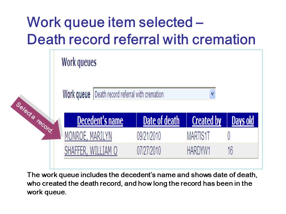 Work queue item selected – Death record referral with cremation