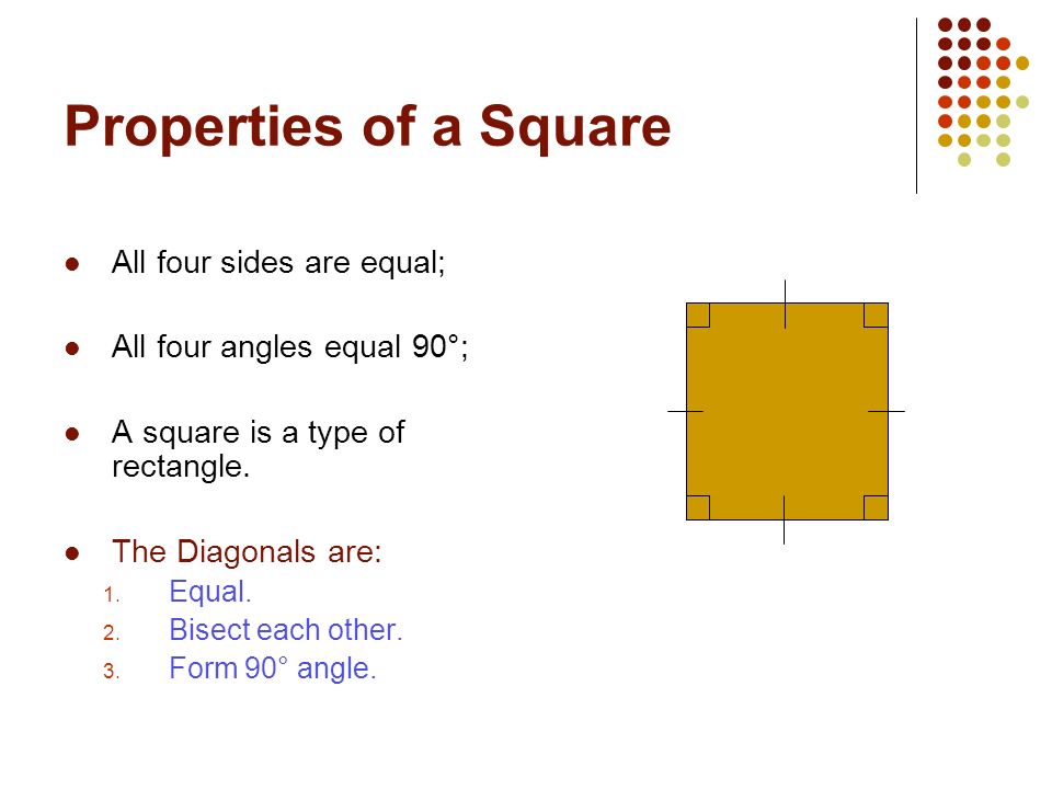 Properties of a Square All four sides are equal;