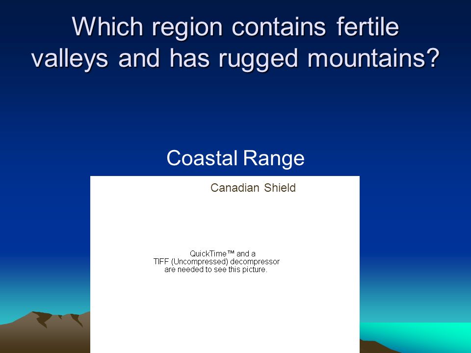 Which region contains fertile valleys and has rugged mountains