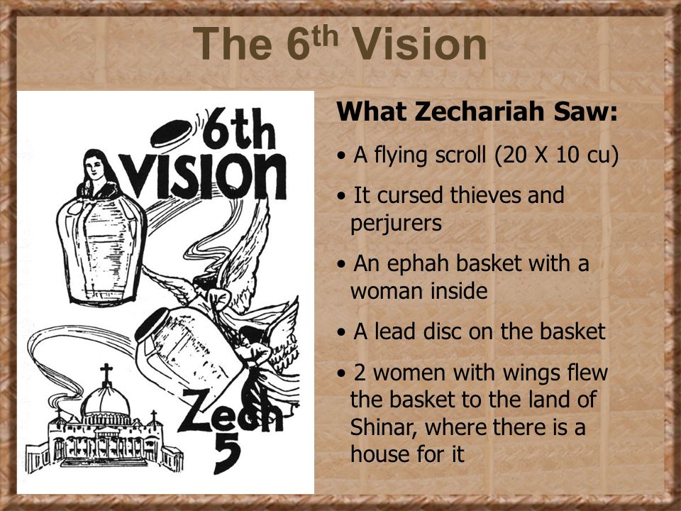 The 6th Vision What Zechariah Saw: A flying scroll (20 X 10 cu)
