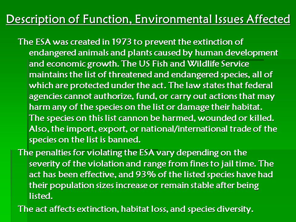 Description of Function, Environmental Issues Affected