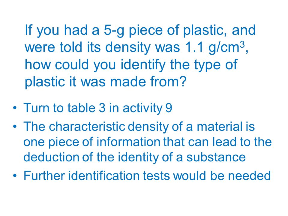 If you had a 5-g piece of plastic, and were told its density was 1