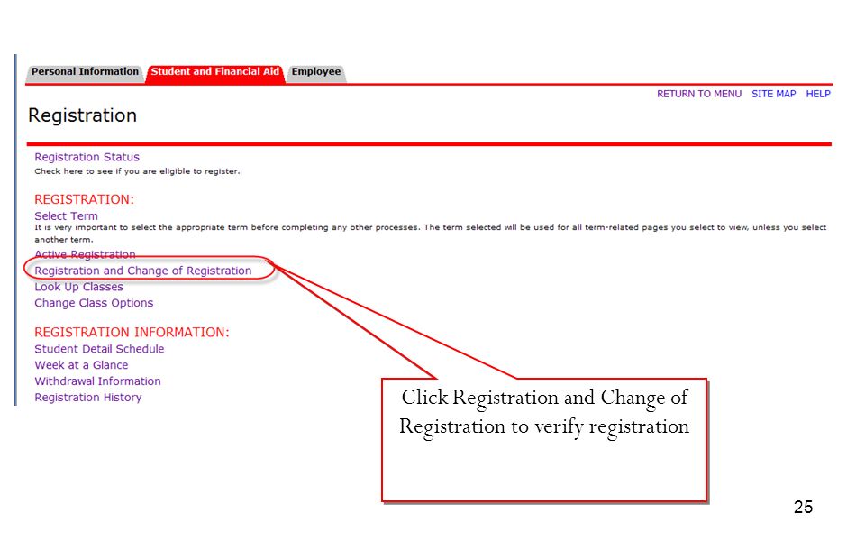 Click Registration and Change of Registration to verify registration