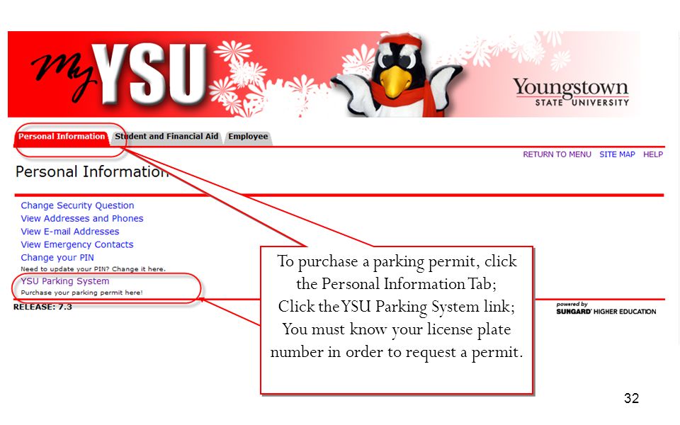 To purchase a parking permit, click the Personal Information Tab;
