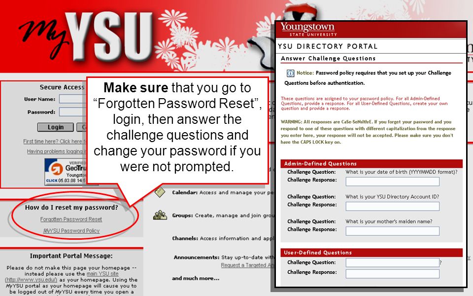 Make sure that you go to Forgotten Password Reset , login, then answer the challenge questions and change your password if you were not prompted.