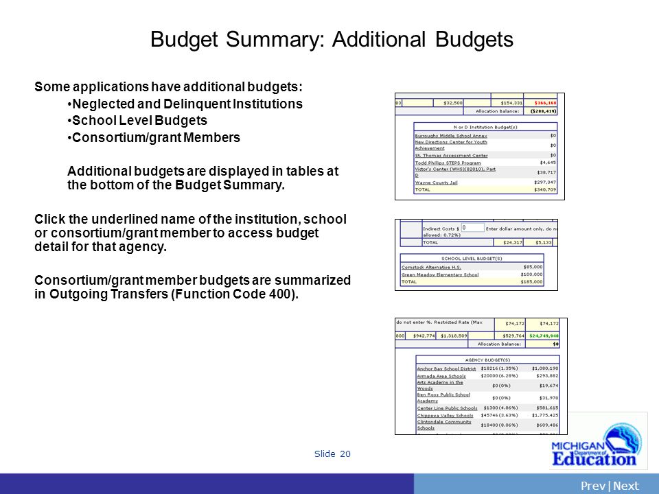 Budget Summary: Additional Budgets