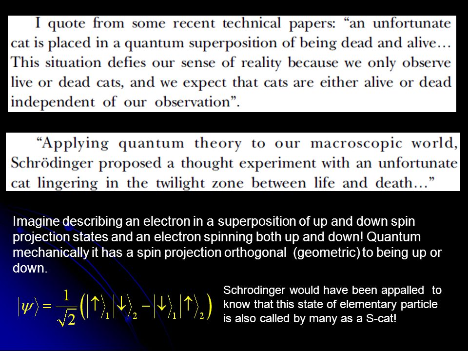 Imagine describing an electron in a superposition of up and down spin projection states and an electron spinning both up and down! Quantum mechanically it has a spin projection orthogonal (geometric) to being up or down.