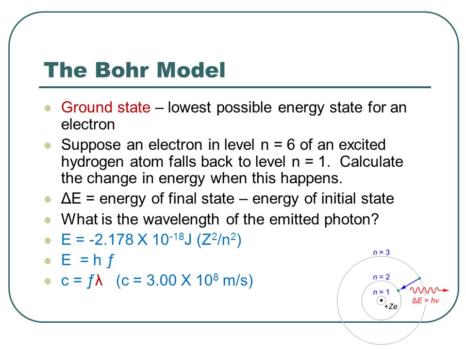 The Bohr Model Ground state – lowest possible energy state for an electron.