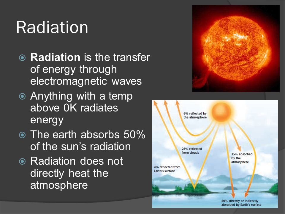 Radiation Radiation is the transfer of energy through electromagnetic waves. Anything with a temp above 0K radiates energy.