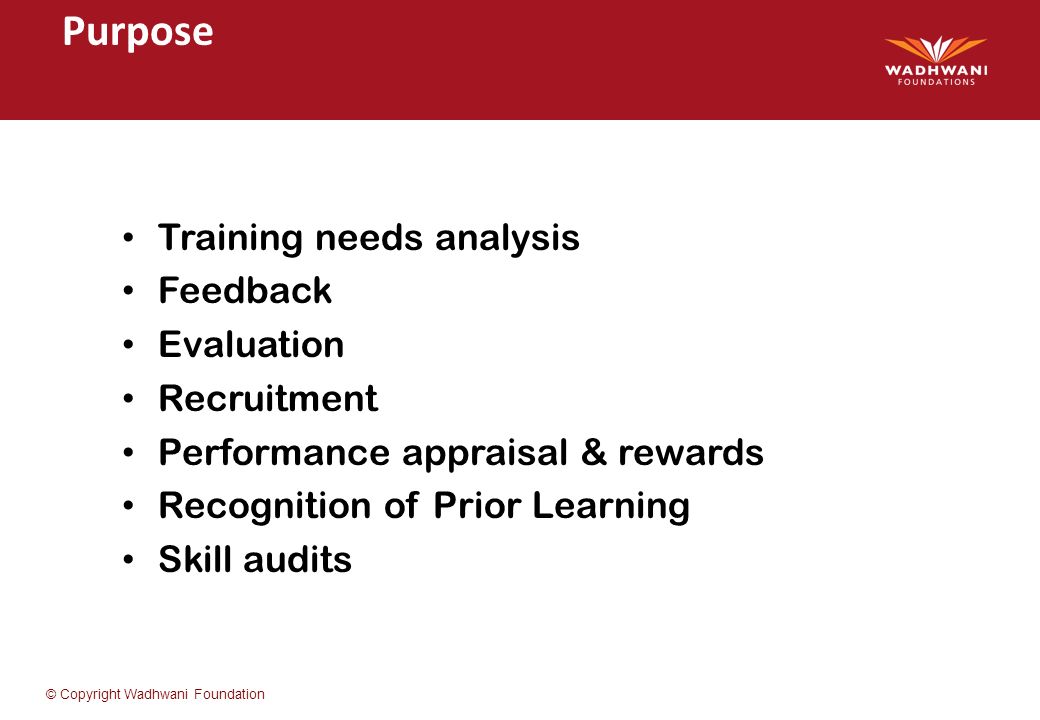 Purpose Training needs analysis Feedback Evaluation Recruitment