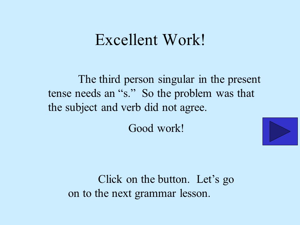 Excellent Work! The third person singular in the present tense needs an s. So the problem was that the subject and verb did not agree.